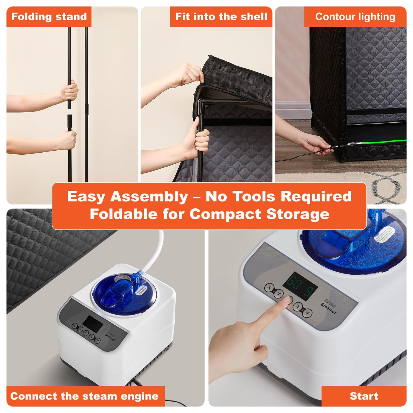 UNANEST Portable Steam Sauna Tent with Clear View Door, Black, Full Size Square Sauna for Home, 3L Steamer, 9 Heat Levels