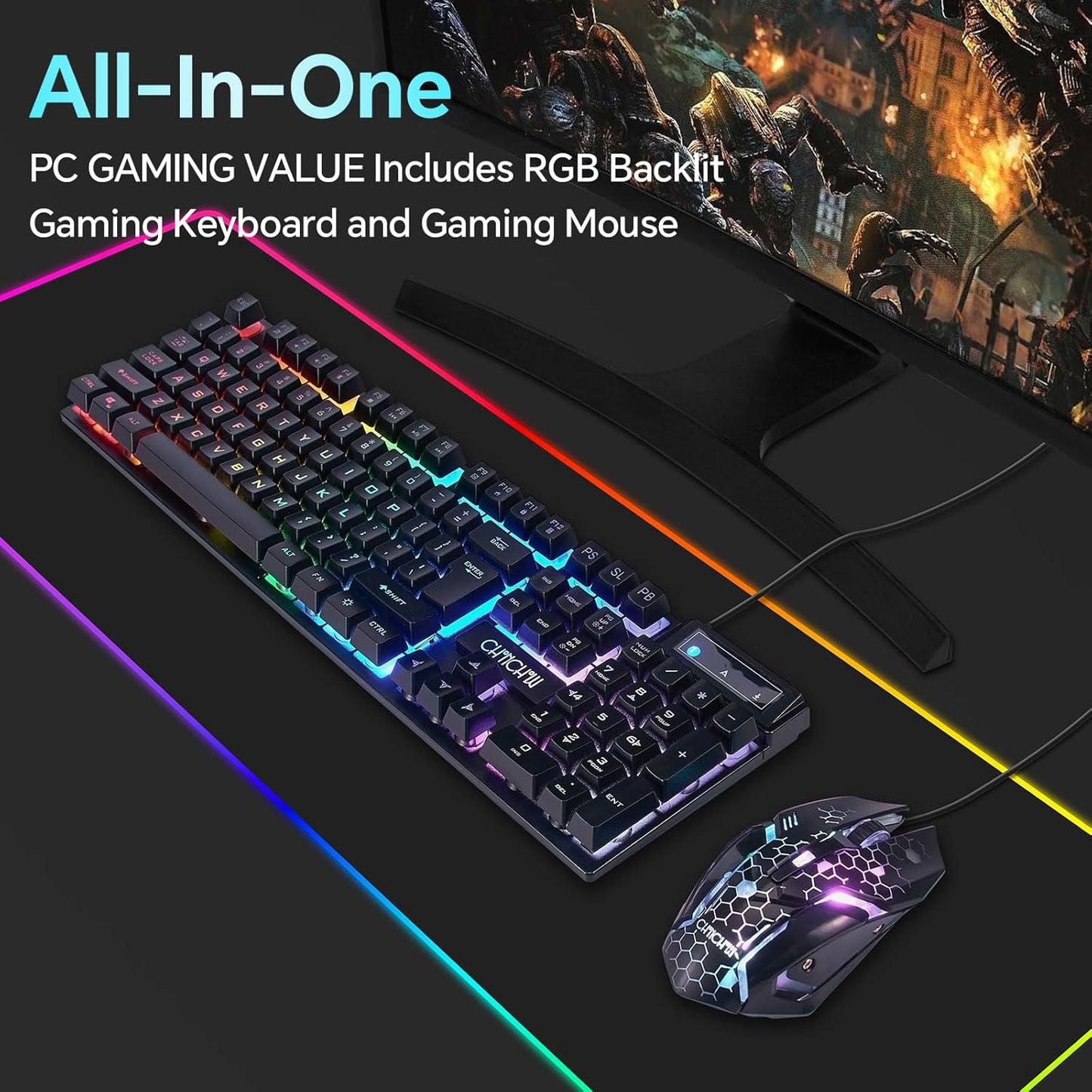 CHONCHOW 3200DPI Set PS4 Gaming Keyboard and Mouse Combo, USB Wired RGB Backlit, Mechanical Feel Anti-ghosting Keyboard
