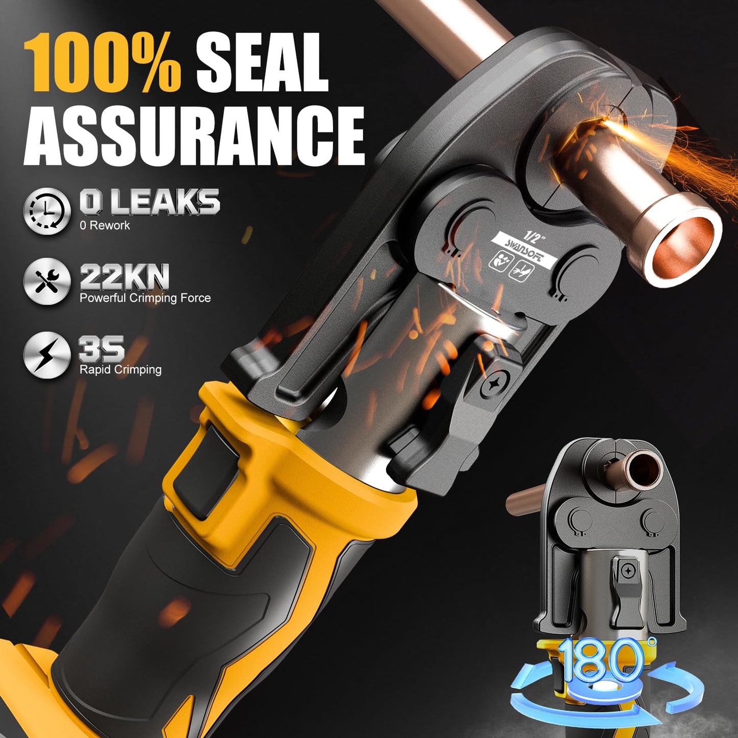SWANSOFT Pro Press Tool, 18V 4Ah Battery Electric Hydraulic Crimping Tool for Copper Pipes with 3 US Compact VUS 1/2", 3/4'', 1",Jaws Pro Press Copper Plumbing Crimper Tool Kit (SWPR-12522Y)
