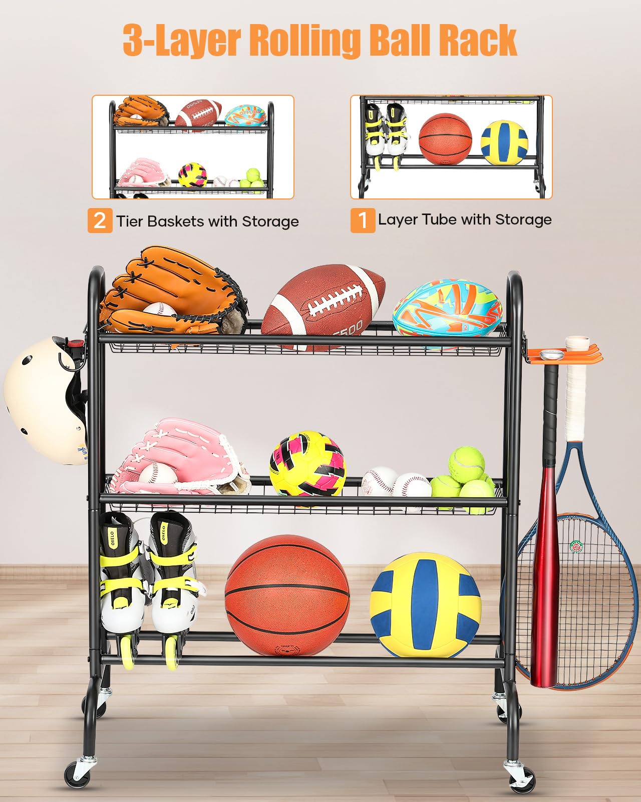 EXTCCT Basketball Racks for Balls, 3-Layer Small Ball Rack Ball Storage For Garage, Outdoor Rolling Ball Cart with Wheels, Two Basket for Basketballs Footballs Volleyball