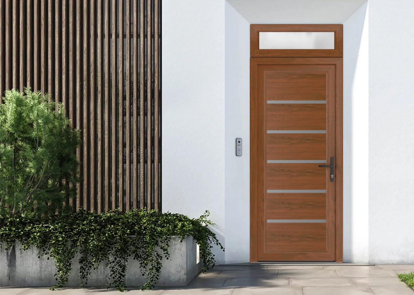 VDOMDOORS Front Exterior Prehung Metal-Plastic Door | Manux 8415 Walnut | Top Sidelite Transom | Residential Doors Entrance Patio Garage 36 x 94 (W36 x H80+14) Left-Inswing