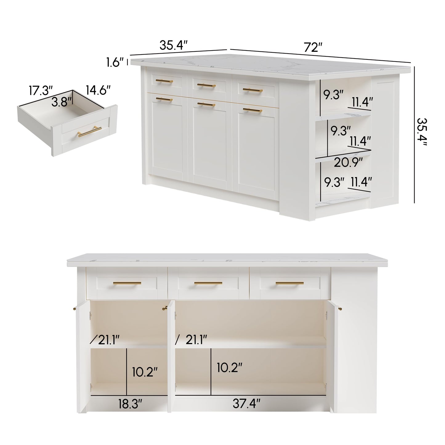 homary Kitchen Island with Stools,71" White Kitchen Island with Seating,Sintered Stone Top & Drawers,Freestanding Multifunctional Island Table with 2 Chairs