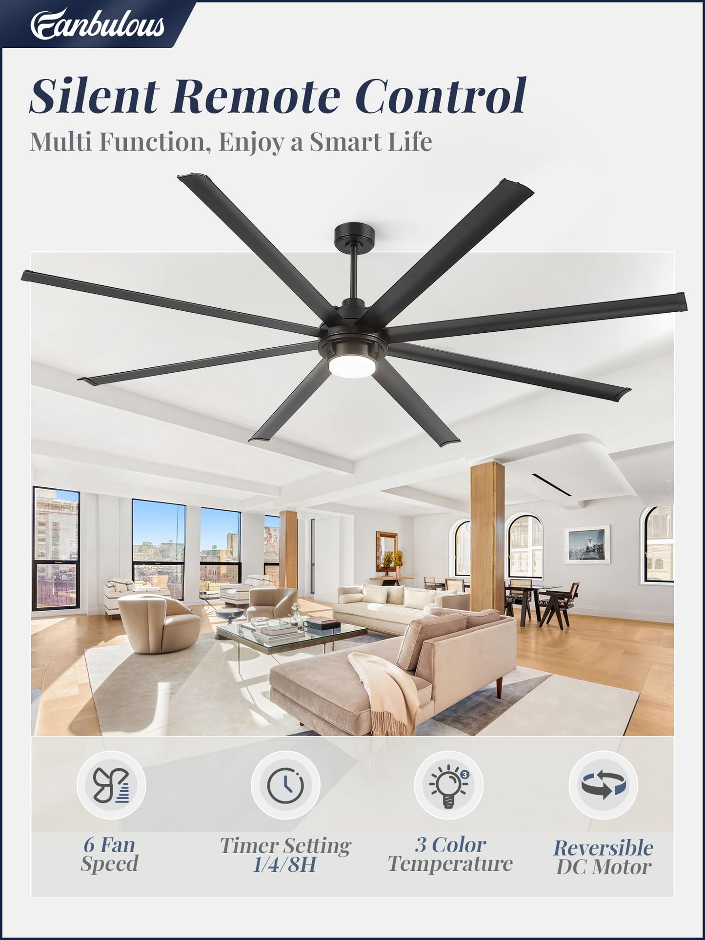 Fanbulous 96 inch Large Ceiling Fan Outdoor Industrial Ceiling Fan with Light and Remote, 6-Speed, 3CCT, 8 Aluminum Blades, Modern Black Big Assed Ceiling Fans for Patios Garage Shop Porch Indoor