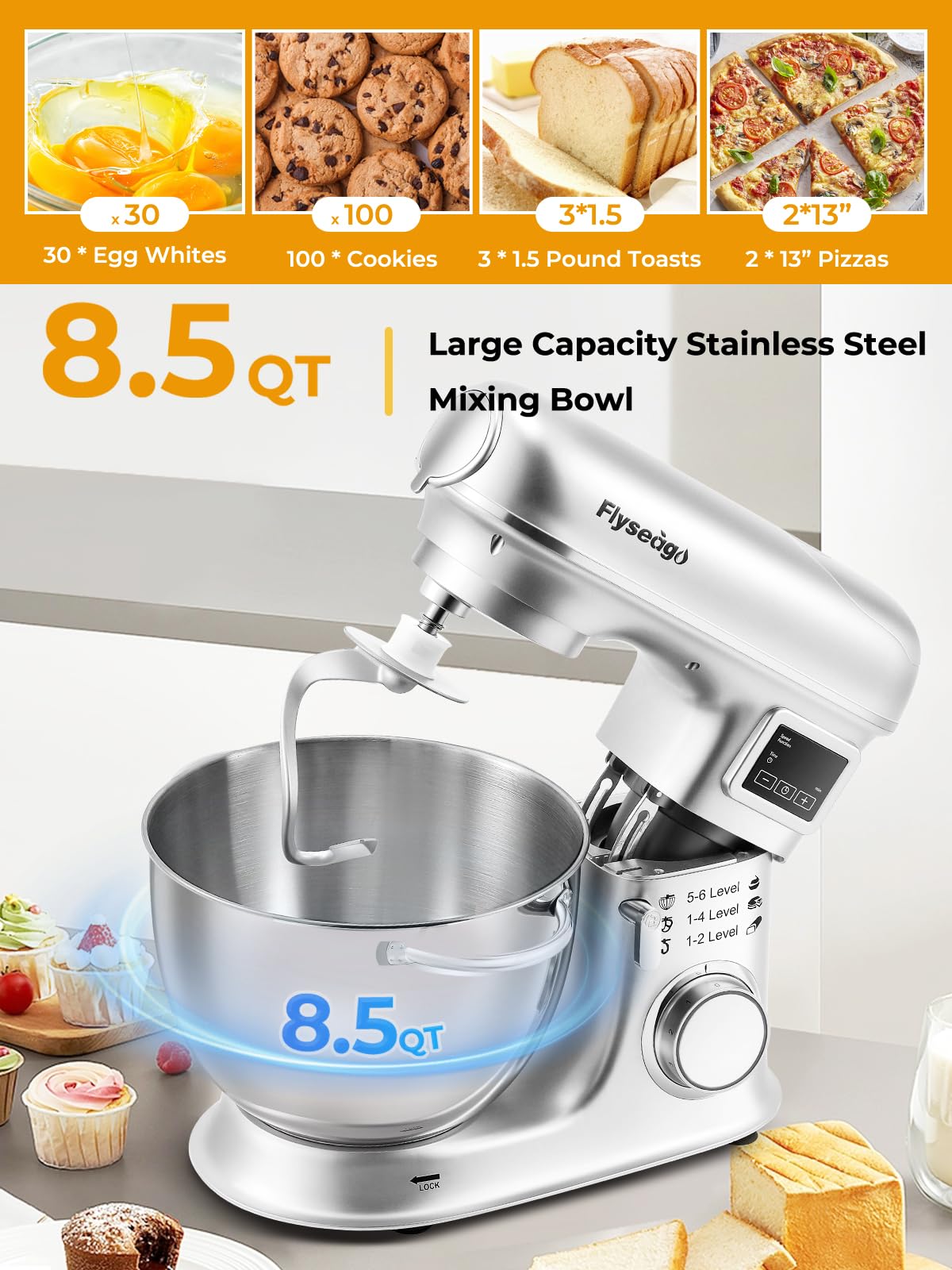 Flyseago Stand Mixer 8-IN-1 8.5 Qt 2000W Multifunctional Fermentation Electric Kitchen Mixer 6 Speed Tilt-Head with Stainless Steel Bowl, 1.5L Glass Jar Meat Grinder Dough Hook Whisk Pasta Attachment