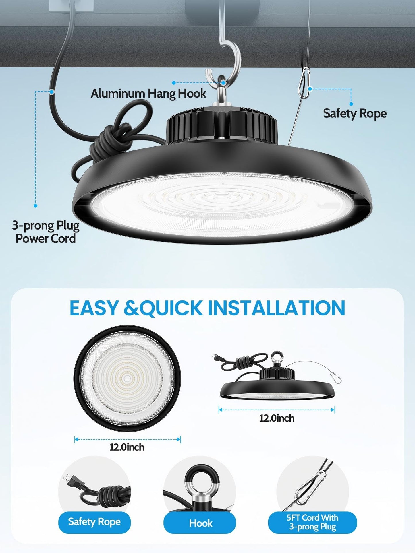 YAHOLUMIN 6Pack 200W UFO LED High Bay Lights, Ultra Bright 30000LM 5000K Daylight High Bay LED Shop Lights for Warehouse Workshop Garage with US Plug & Safety Rope Commercial Bay Lighting
