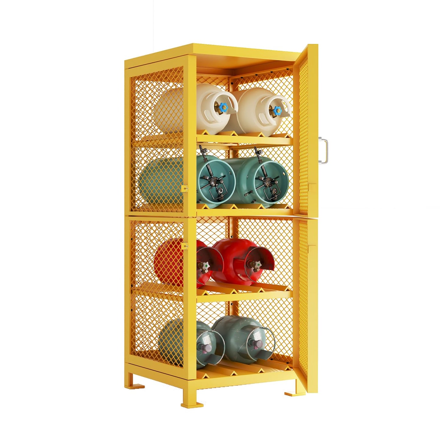 30"L x 30"W x 70"H Steel/Iron Horizontal Cylinder Storage Cabinet, 8 Cylinder Capacity, 4-Tier Propane Storage Cage, Gas Cylinder Cabinet with Lockable Single Doors,Powder Coat Finish Angle Iron Frame