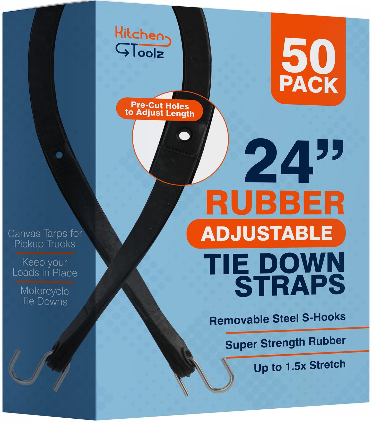 Rubber Bungee Cords with Hooks - 24 Inch Adjustable 50 Pack - Heavy Duty Outdoor Flatbed Tarp Straps Bungie Tie Downs - Natural Rubber