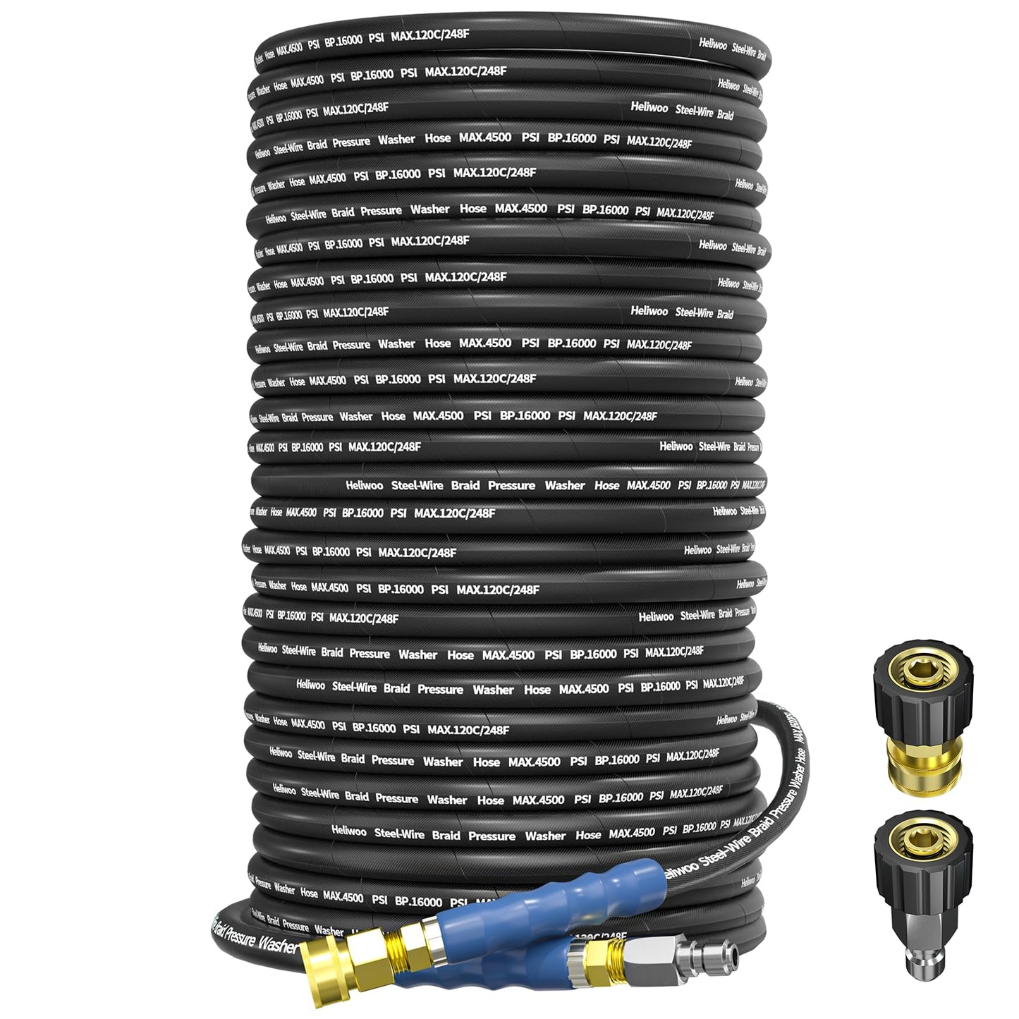 Heliwoo 3/8" Pressure Washer Hose 200 FT, Hot and Cold Water Power Washer Hose Max 248°F, Commercial Industrial Grade Steel Wire Braided Kink Proof Extension Hose -4500 PSI