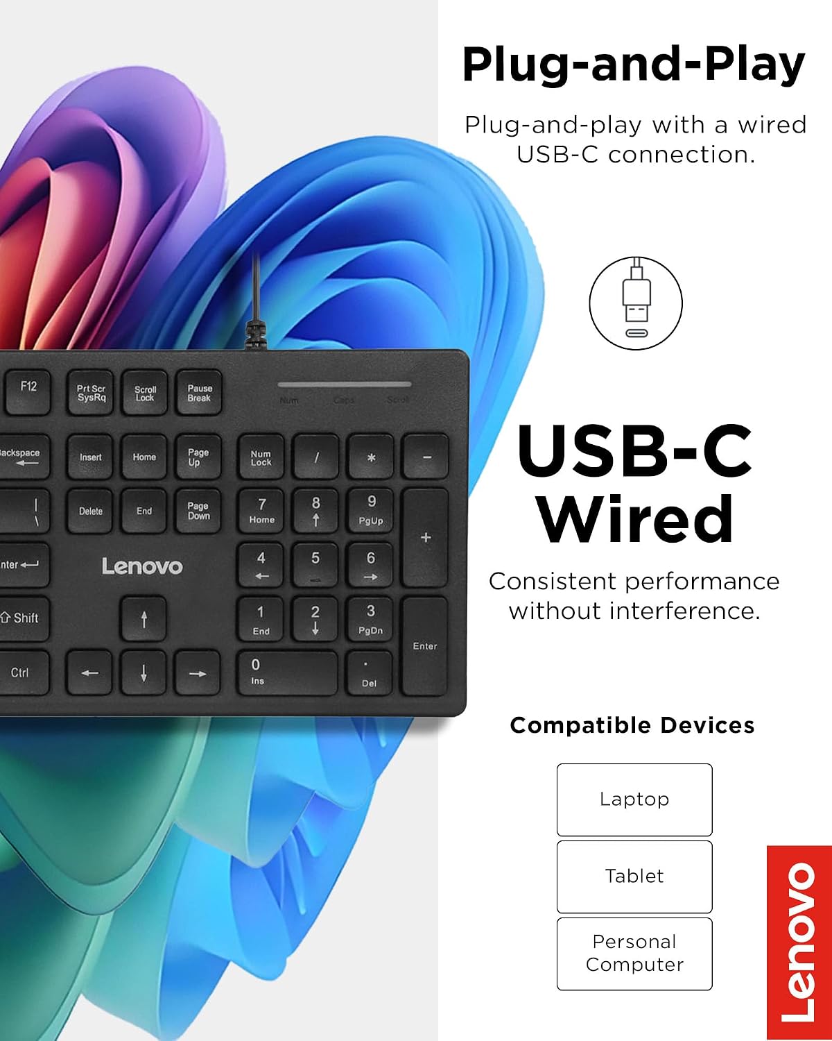 Lenovo 305 Wired USB-C Keyboard with Numeric Keypad, Full Size Keyboard, Slim Design, Black, USB-C Connectivity