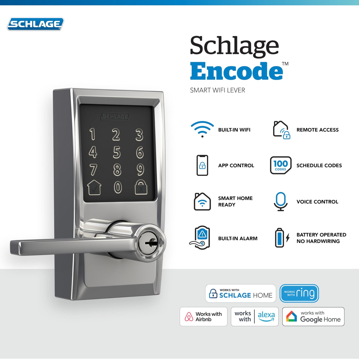 Schlage Encode Smart Wi-Fi Lock with Lever Handle, Touchscreen Keypad, Keyless Entry Door Lock, App Control, Alexa, Google Home and Airbnb Compatible, Bright Chrome, FE789WB CEN 625 LAT