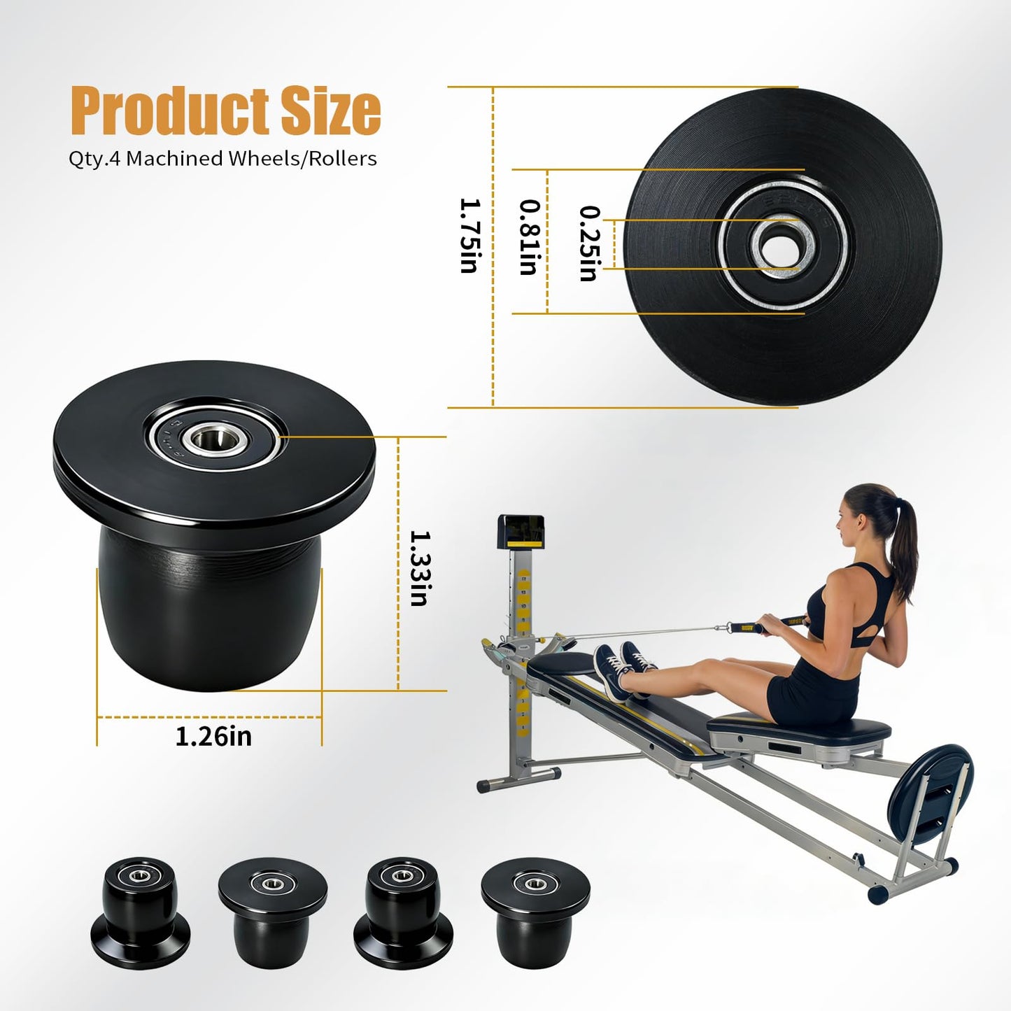 Vsttar Qty.4 Machined Wheels/Rollers Compatible with Total Gym Replacement, Fits Models XL, XLS, & Fit with Bearings Thru Hole of 1/4'' in Diameter, Black