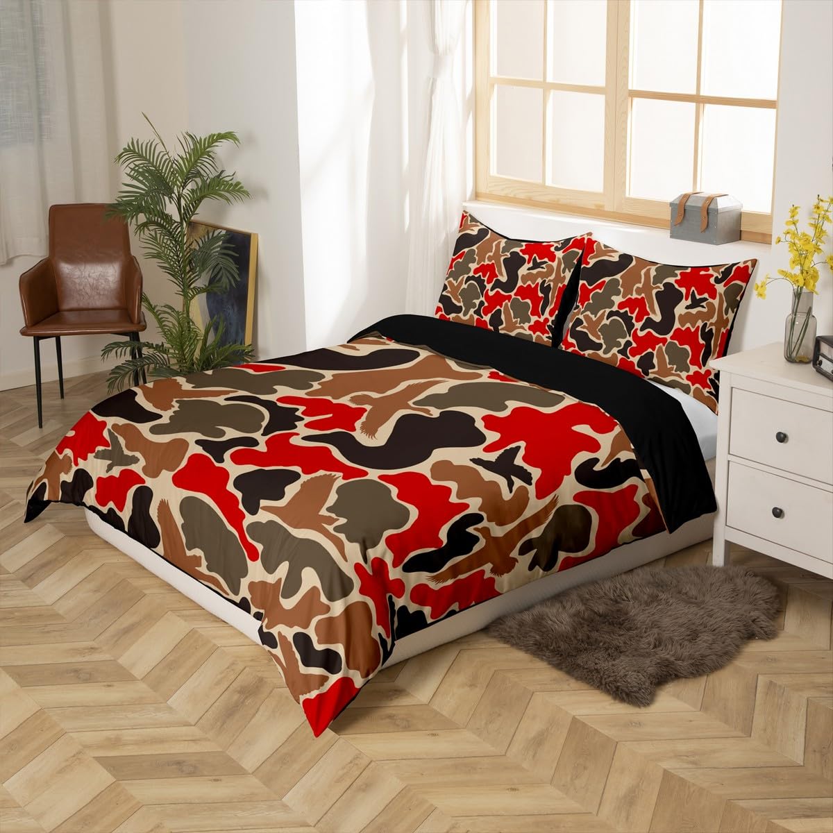 Feelyou Duck Hunter Red Camouflage Hunting Bedding Set King Kids Black Brown Comforter Cover Set for Boys Camo Army Duvet Cover Breathable Wild Bedspread Cover Room Decor Quilt Cover,No Comforter