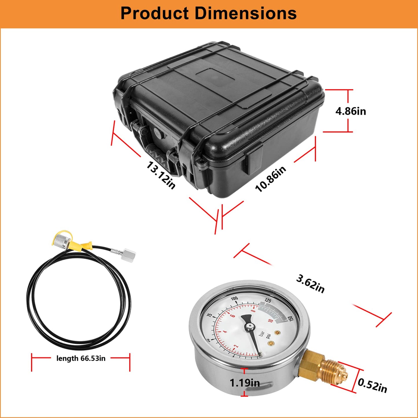 yourour Hydraulic Pressure Test Kit, 150/1500/3500/6000/9000 PSI, 5 Gauges, 13 Test Couplings, 14 Tee Connectors, 5 Test Hoses, with Sturdy Carrying Case for Construction Machinery Excavator