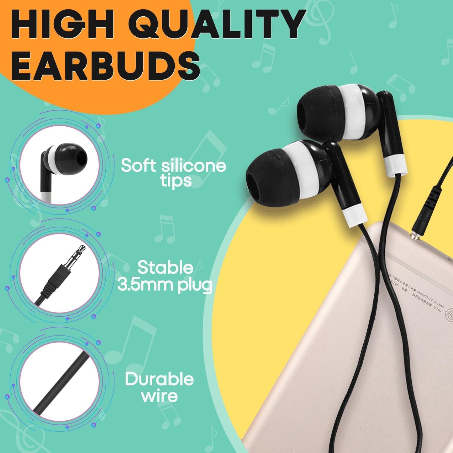 Gaosen 50 Pack 3.5 mm PC(GS01, 50 Bulk Kids Earbuds for School Classroom, Multi Colored Student Wired Headphones