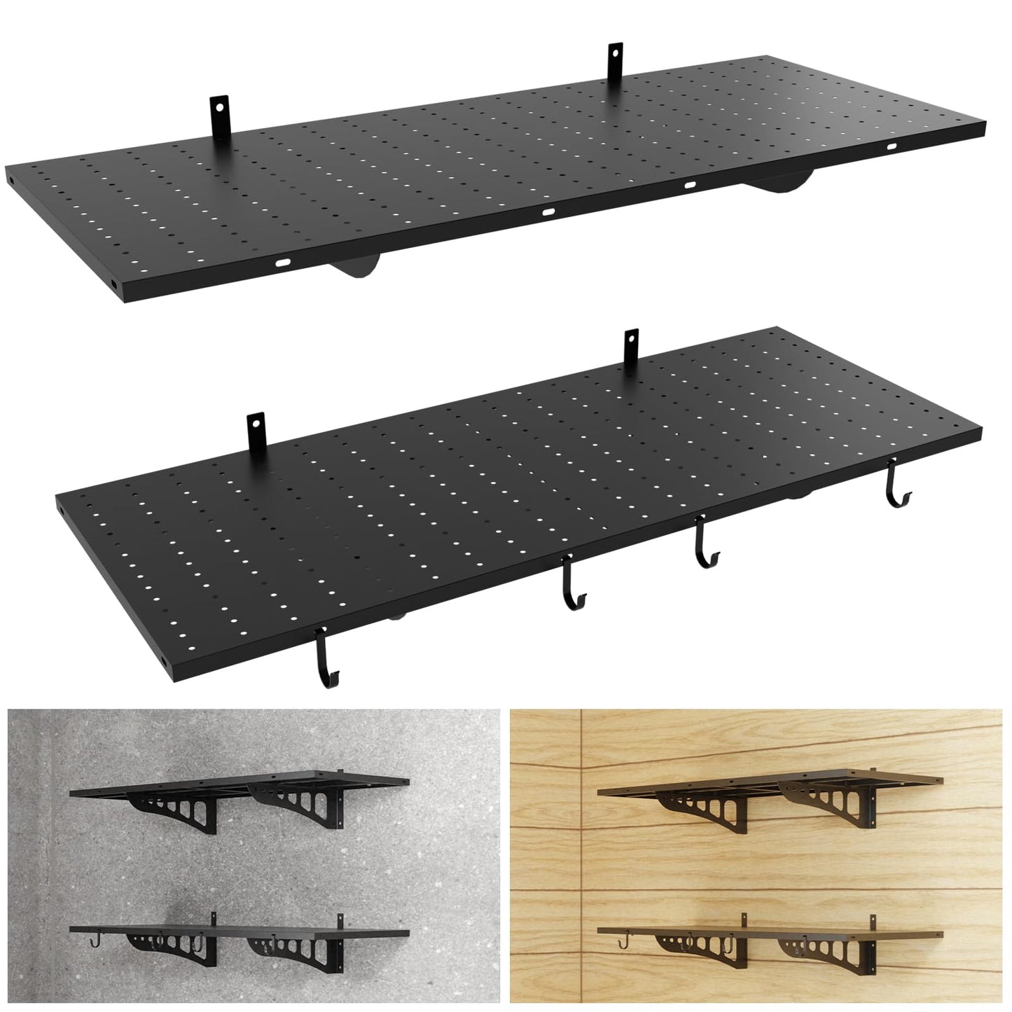 Gsskny 2-Pack 1.5 * 4ft Heavy Duty Garage Wall Shelving, 500 lbs Load Capacity, Garage Shelving Wall Mounted,Heavy Duty Garage Storage Shelves with Hooks