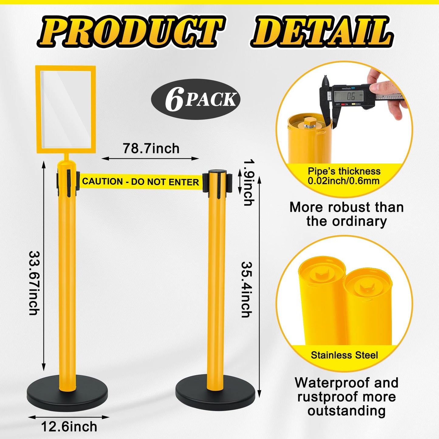 Therwen 6 Pack Heavy Duty Crowd Control Stanchions 9.8 ft Stainless Steel Stanchion Set with 6 Safety Barrier Post Retractable Belt and 1 Sign Holder Crowd Control Barrier(Caution Belt,Yellow)