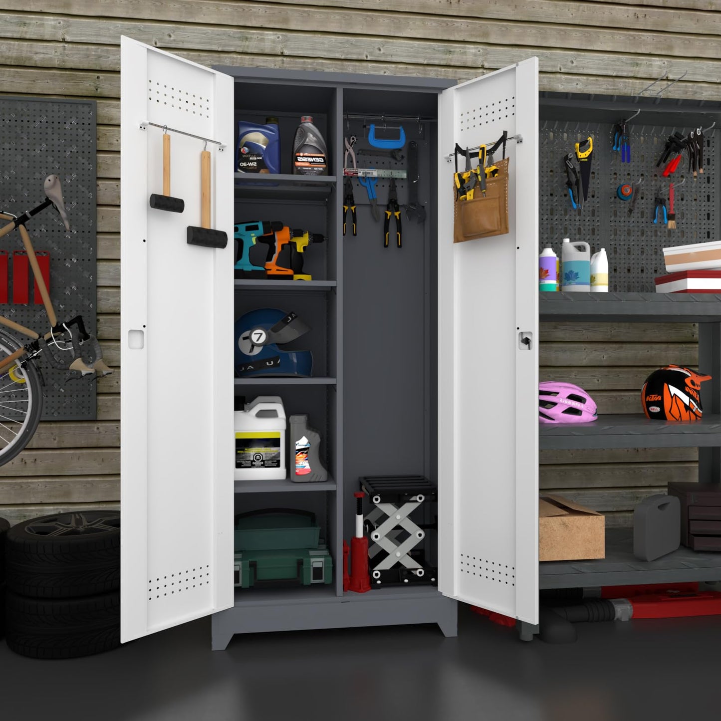 IRONFFICE Metal Storage Cabinets with Doors and Shelves,Tall Broom Closet Storage Cabinet with Pegboard,Utility Tool Cabinets,Steel Locking Cabinets for Home Office,Basement,Laundry,Grey-White