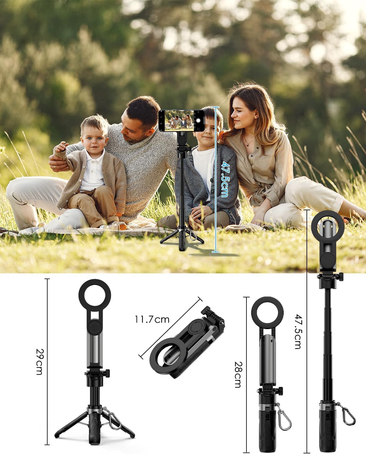 CloudValley 4-in-1 Magnetic Multifunctional Selfie Stick Tripod, Mini Portable Pocket Phone Stand with Detachable