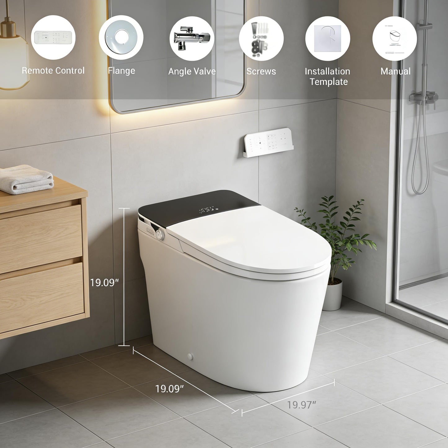 Smart Toilet with Bidet, Manual Lid, Auto Flush, Heated Seat, Instant Warm Water Wash, Feminine Wash, Foot Sensor Flush, Low Pressure Tank Pump, Black Temp Display, LED Night Light