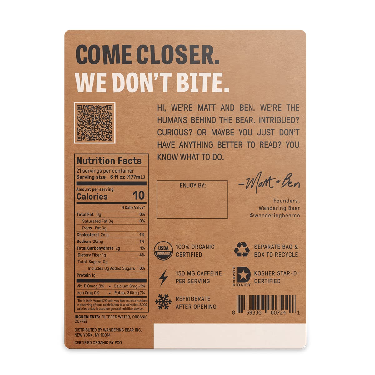 Wandering Bear Straight Black Organic Cold Brew Coffee On Tap, Iced Coffee Drink - Extra Strong, Bold, Smooth, No Sugar Added, Shelf-Stable, Ready to Drink & Vegan, 100% Organic - 128 fl oz (1 gallon)
