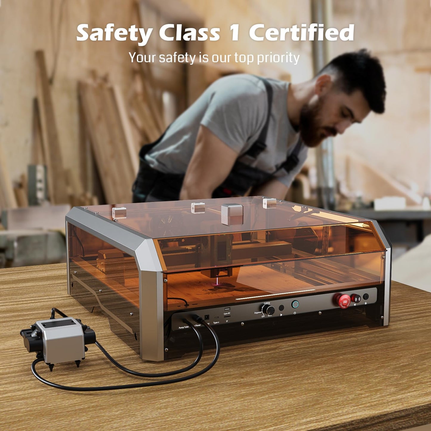 Genmitsu L8 Laser Engrave + MD18 Rotary Roller, 20W Power Output Laser Cutter Built-in Acrylic Enclosure with Vent, Air Assist Pump, Honeycomb, Camera, Laser Safety Class 1