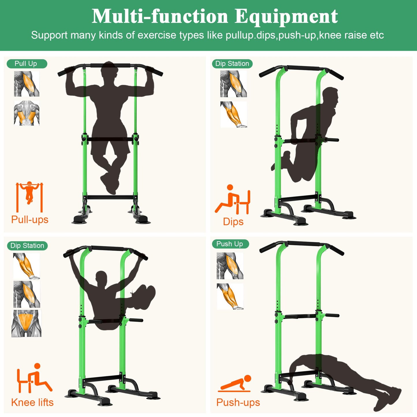 DlandHome Power Tower Dip Station Pull Up Bar for Home Gym Pull Up Bar Station Workout Equipment, Strength Training Fitness,Green