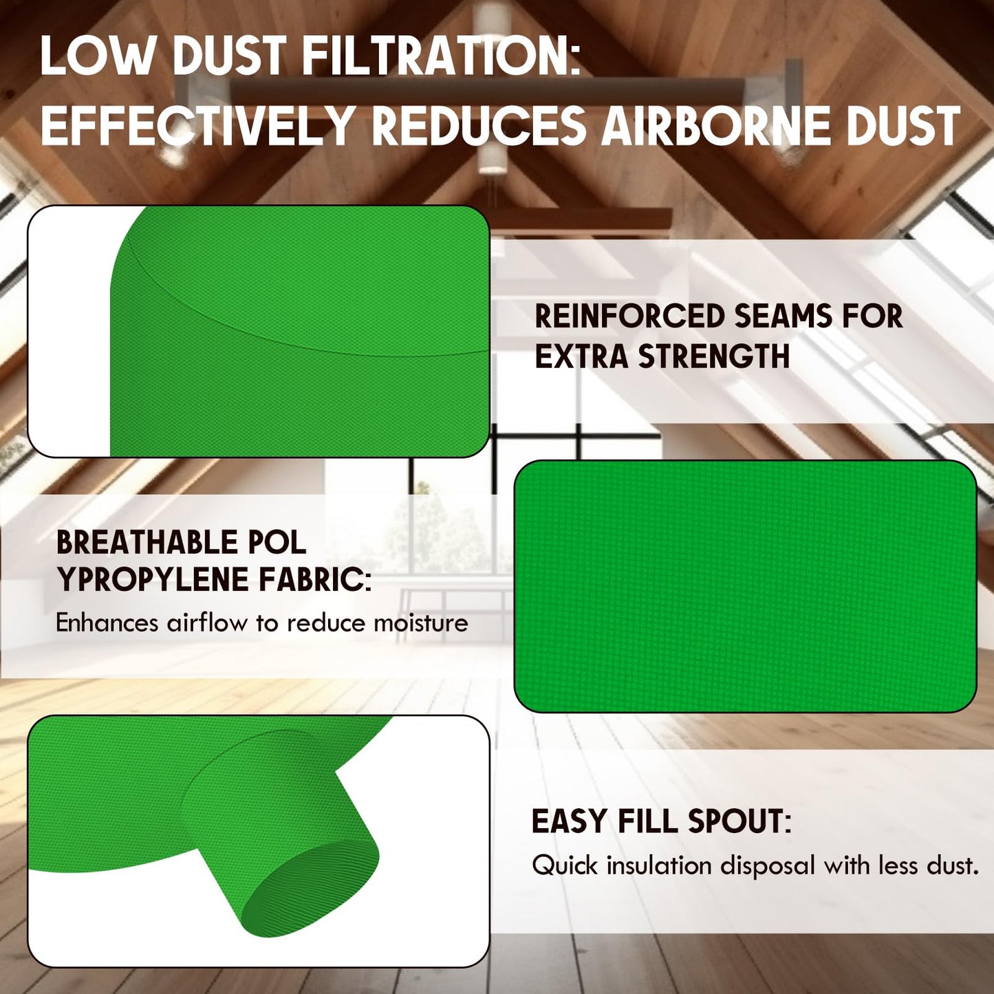 Pangda 10 Pack Insulation Removal Vacuum Bag Bulk 6 x 4 ft Heavy Duty Attic Low Dust Bag Holds 75 Cubic ft 400 Lbs Compatible with Insulation Hoses Easy-fill Spout & Lowest Dust Filter (Green)