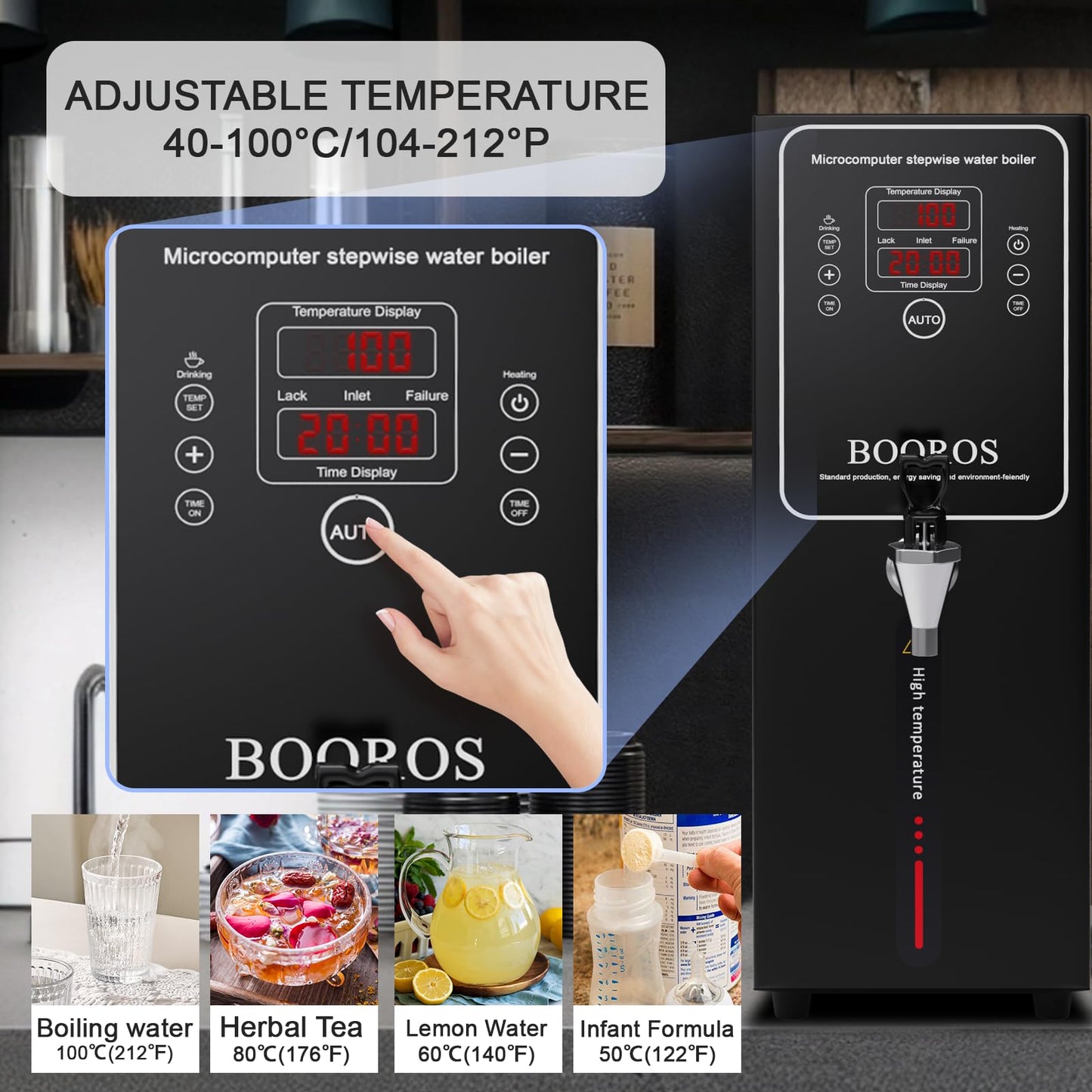 BOOROS Commercial Water Boiler 10L Hot Water Dispenser Black 1500W Commercial Hot Water Dispenser,30L(7.9GAL)/Hour Step-by-Step Heating Temp Control 104-212℉(40-100℃) for Restaurant,Hotel,Office