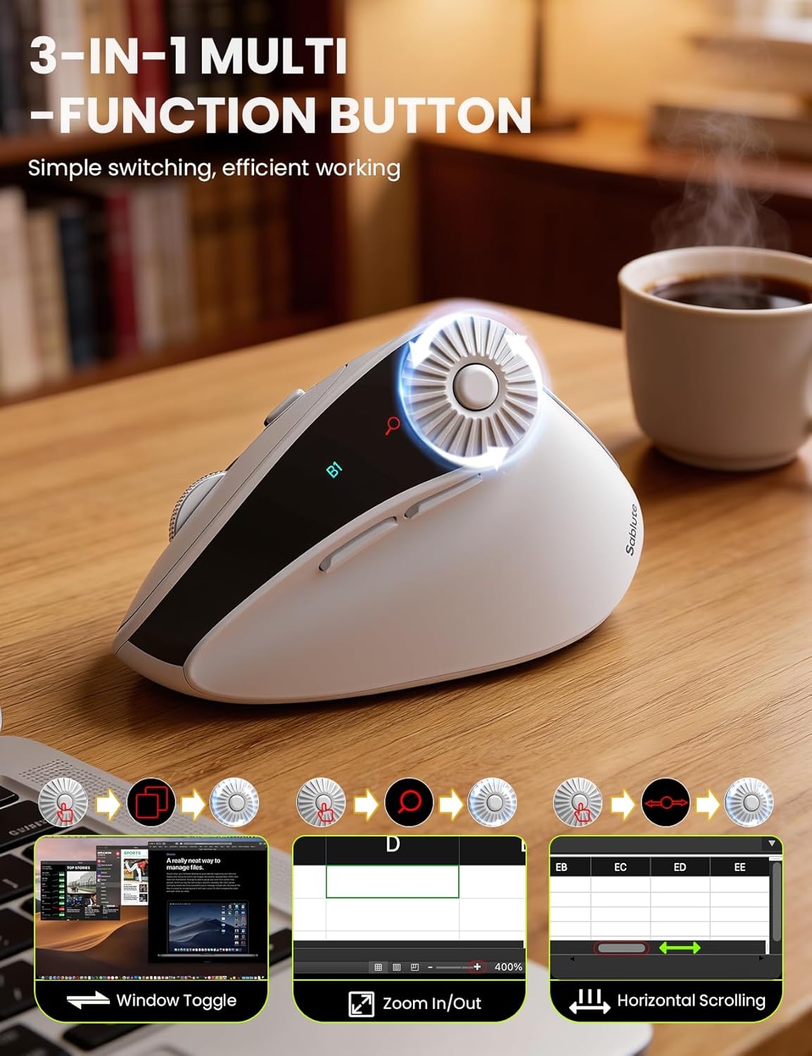 SABLUTE MAM51 3-in-1 4000 8 2.4Ghz/Bluetooth Ergonomic Mouse Wireless with Quick-Switch Scroll Wheel, Vertical Mouse