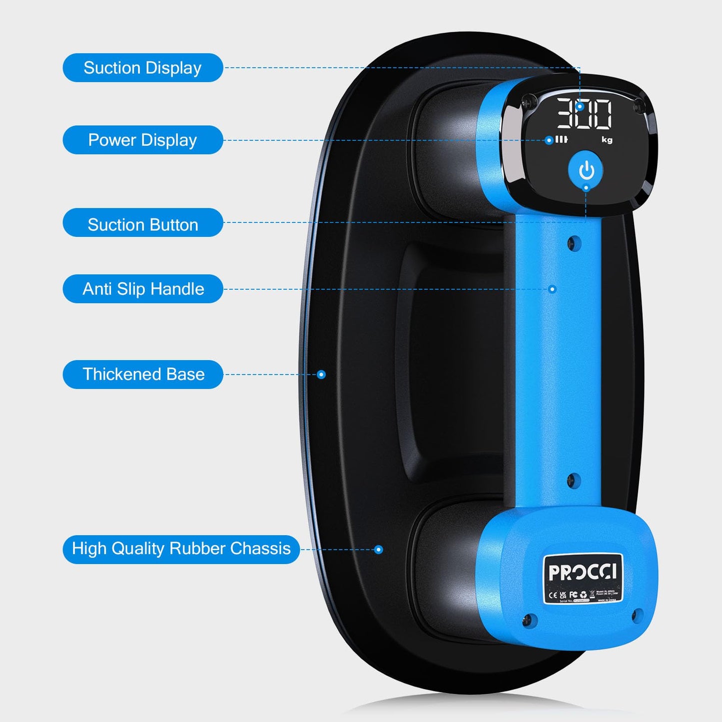 Procci Electric Battery Suction Cup – Cordless Vacuum Lifter for Tiles, Glass, Marble – Dual Motors, 660 LBS/300 KG Suction, LCD Display, 4500mAh, 12h Runtime – for Smooth & Lightly Textured Surfaces