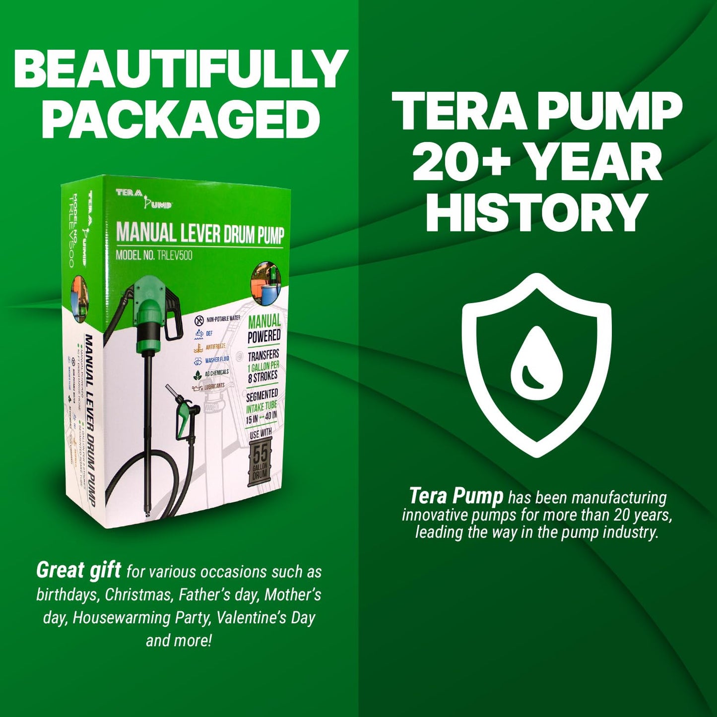 TERA PUMP Manual Lever Action Pump w/Gas Pump Style Nozzle for DEF, Antifreeze, Windshield Washer & Agricultural Chemicals, 15-55 Gallon Drum Barrel Pump w/ 10 ft Hose (8 oz per Stroke)