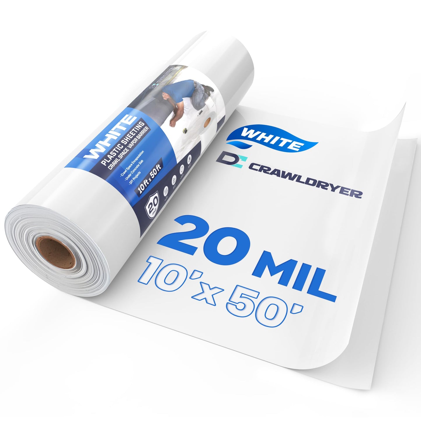 Crawldryer White Plastic Sheeting, 20 Mil 10' x 50', Crawl Space Vapor Barrier, White Vapor Barrier, Plastic Sheeting Heavy Duty, Polyethylene Plastic Rolls for Garden, Crawlspace, Basement, White