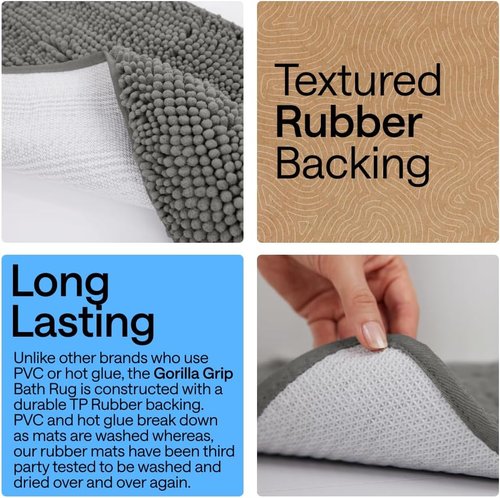 GORILLA GRIP Bath Rug Mat - Soft Absorbent Chenille | Quick-Dry Microfiber, 60x17, Charcoal