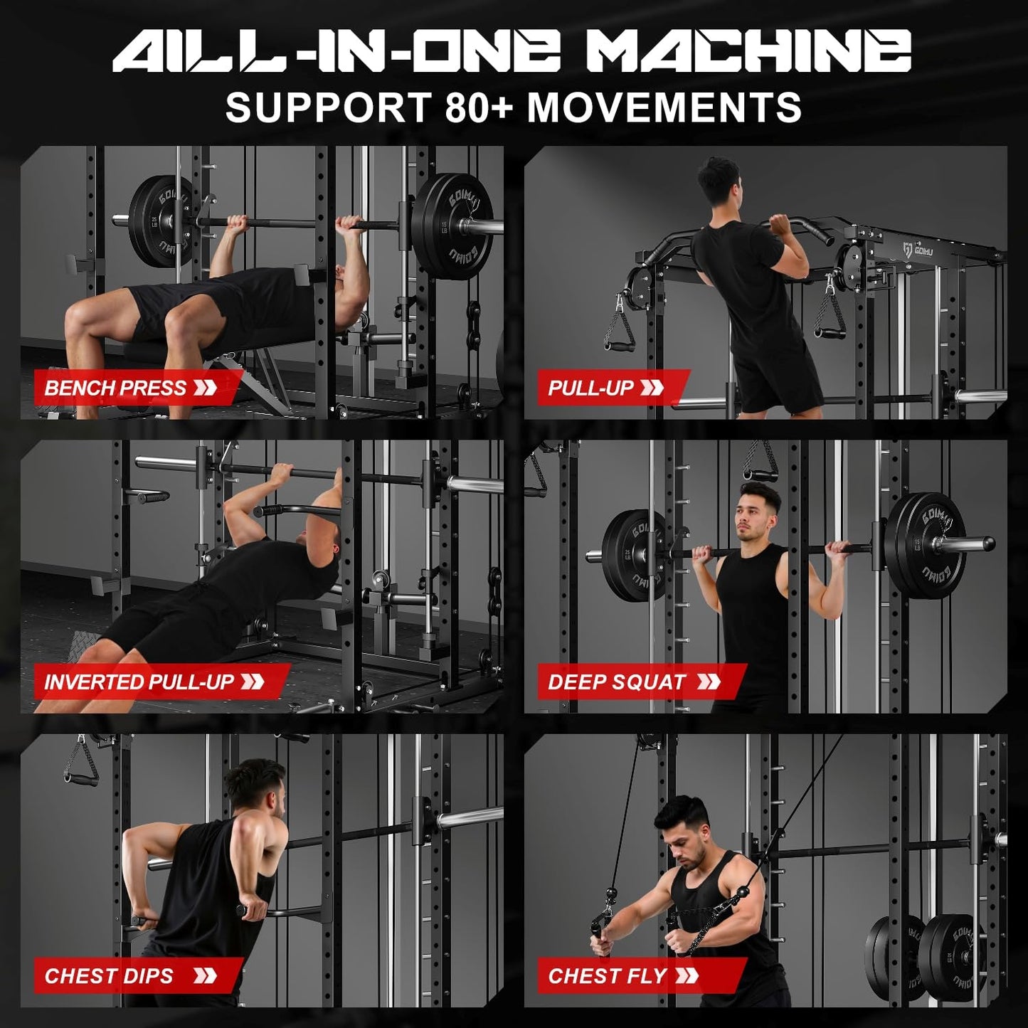 Goimu S1-V4 Smith Machine, 2000LBS Power Cage with Cable Crossover System, All-in-One Squat Rack with Smith Bar, Strength Training Equipment for Hone Gym (Black Smith Machine S1)