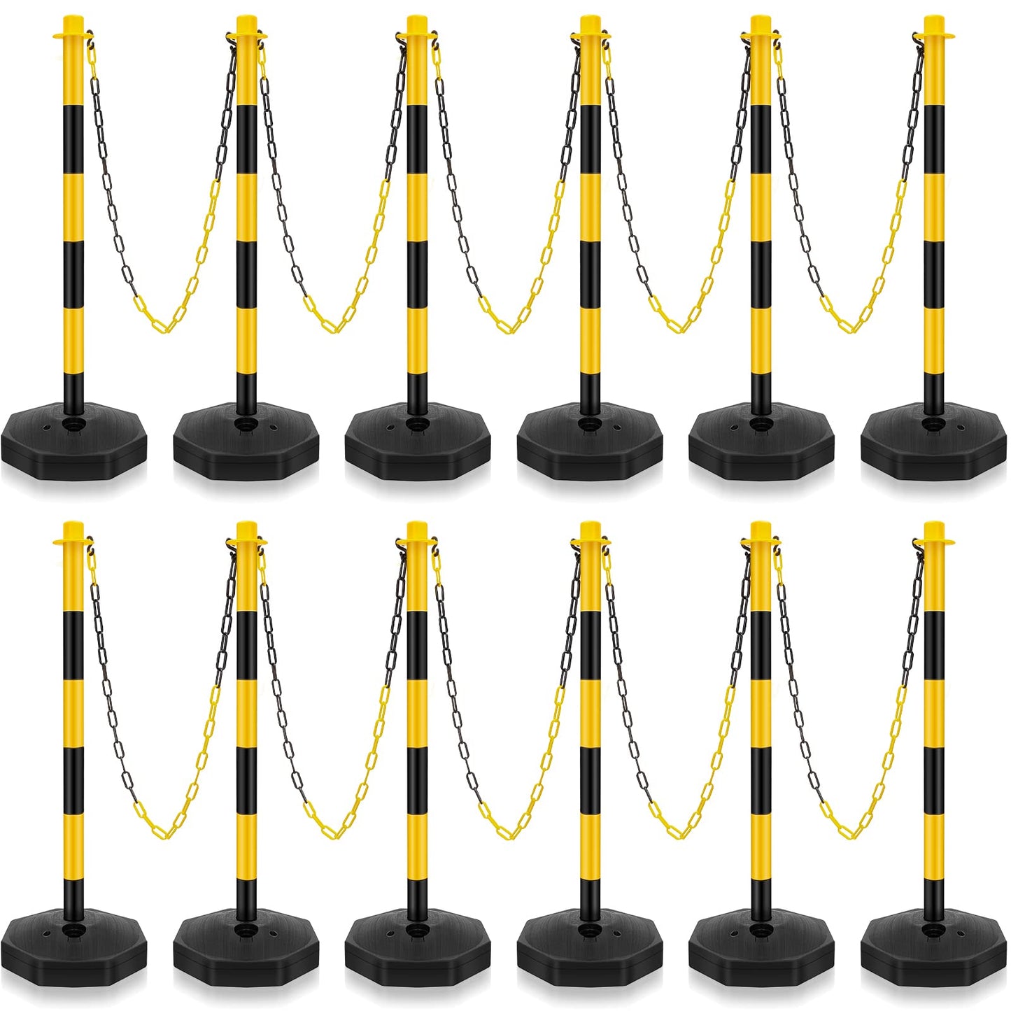Konohan 12 Sets 34 Inch Parking Cone Delineators Post Traffic Cone Plastic Stanchion Set Stands Parking Barrier with Base 6.6 ft Chain S Hooks Reflective Collar (Yellow,Black)