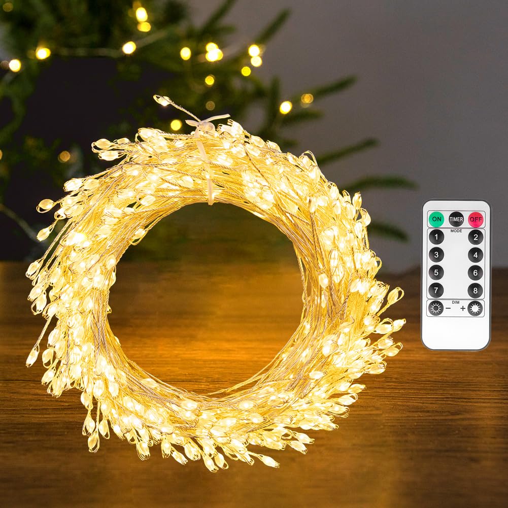 PCORES Fairy Lights Plug in, 100FT 1000LED Firecracker String Lights Waterproof Silver Wire, for Bedroom/DIY/Party/Garden/Porch/Patio/Backyard/Christmas Tree, with Remote Timer & 8 Modes, Warm White