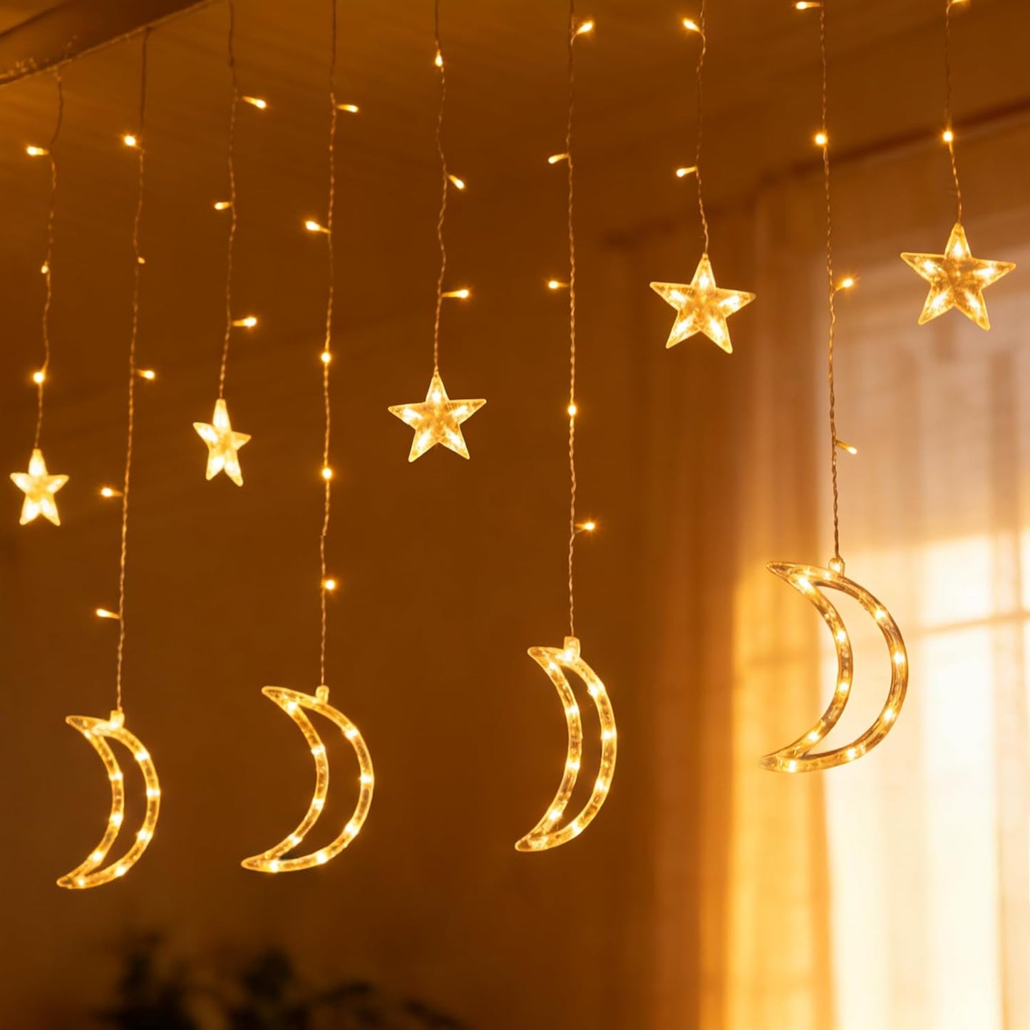 TW SHINE Star & Moon Curtain String Lights - 138 LED, 8.2 FT, Waterproof with 8 Modes & Timer for Ramadan Decor