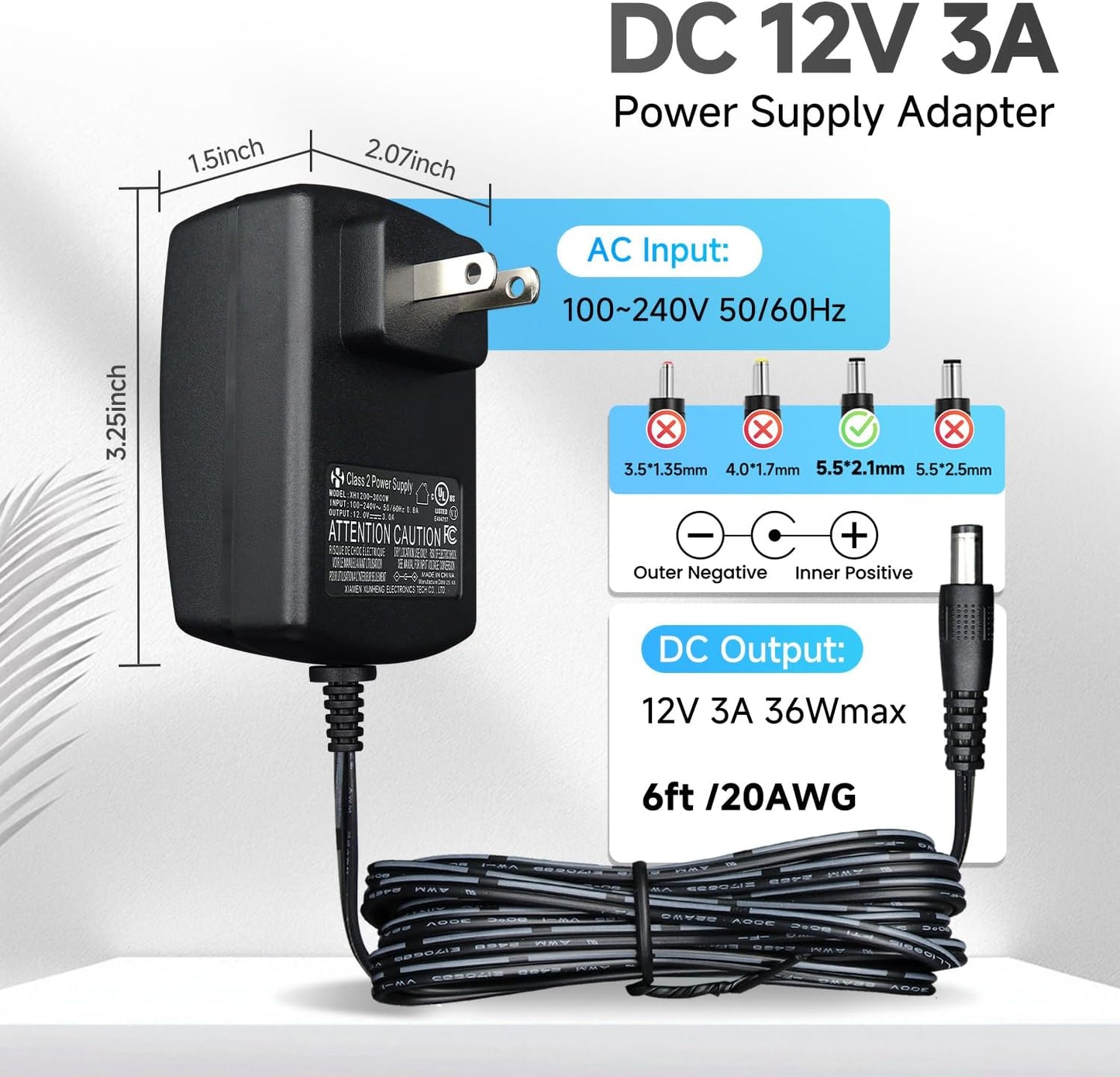ANLINK 2 Pack 12V 3A/3000mA 6ft 36W 3A 2.5A 2A 1.5A 1A 0.5A UL Listed Power Supply Adapter, AC to DC Replacement Power