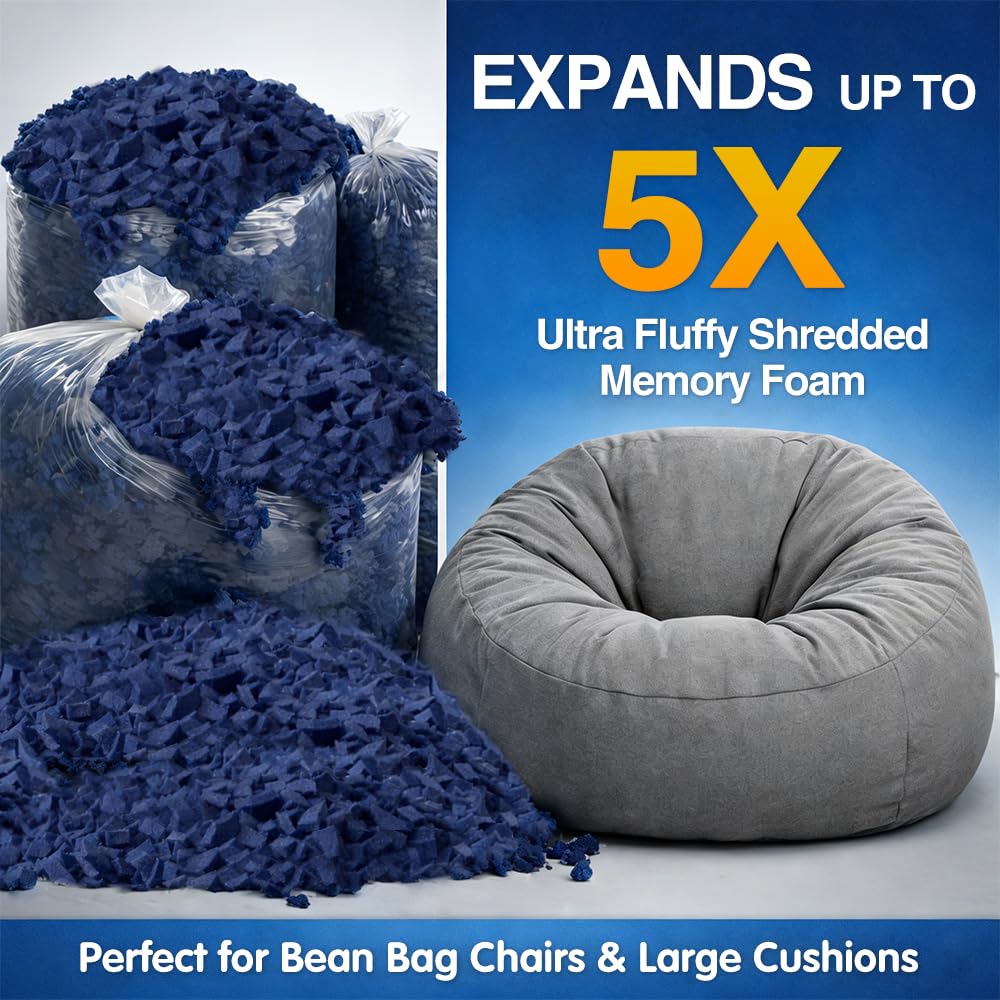 Welacer Bean Bag Filler, 40lbs Blue Memory Foam Filling for Beanbag Chair, Couch Cushions, Pillows, Dog Beds, Pouf Ottoman, Punching Bag Filler, Grappling Dummy, Packing Peanuts Replacement