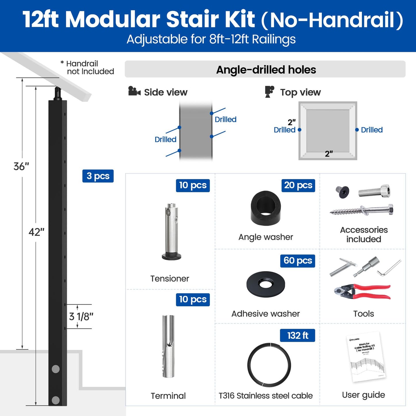 Muzata 8-12FT Modular Black Side Mount Cable Railing Kit 36 Inch 3 Stair Post Kit Complete Set Cable Railing System for Stairs Length Adjustable Easy DIY with Paper User Guide (No Handrail) RW29