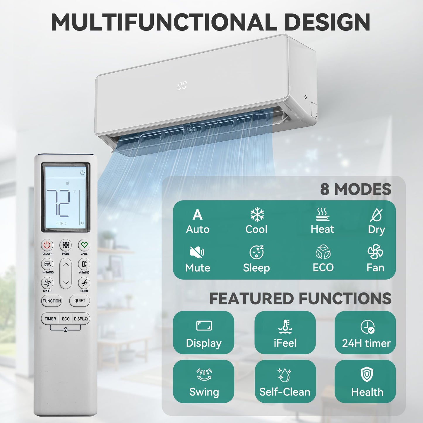 YITAHOME 18 SEER2 9000BTU Mini Split AC/Heating System 115V, Pre-charged Inverter AC Cool & Heat Up to 450 Sq. Ft, Pure Design, Compatible with 3 Level Eco Mode, Complete Installation Kit, White