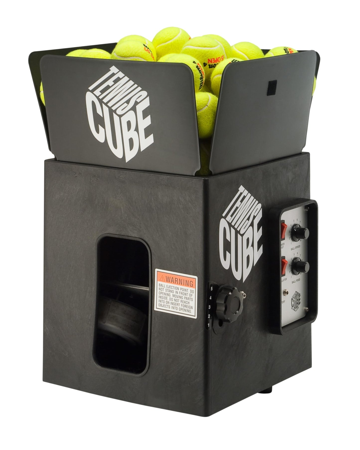 Sports Tutor Tennis Cube Ball Machine with Random Oscillator. Groundstrokes to Lobs. Weighs just 24 lbs. Made in USA by #1 Tennis Machine Company