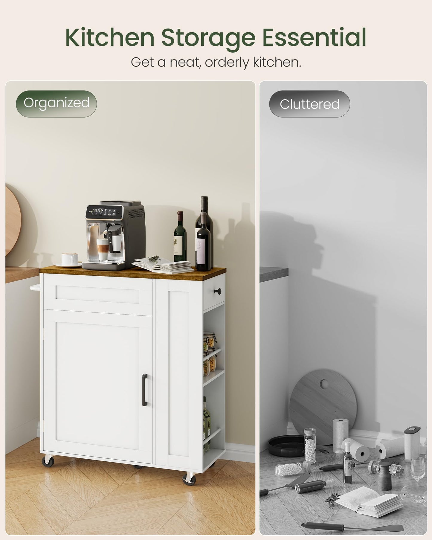 CHOEZON Kitchen Island Cart with Storage, Kitchen Cabinet, Mobile Kitchen Island, Storage Trolley for Kitchen with Hidden Trash Bin Cabinet, for Dining Room, White and Walnut MZD06WL