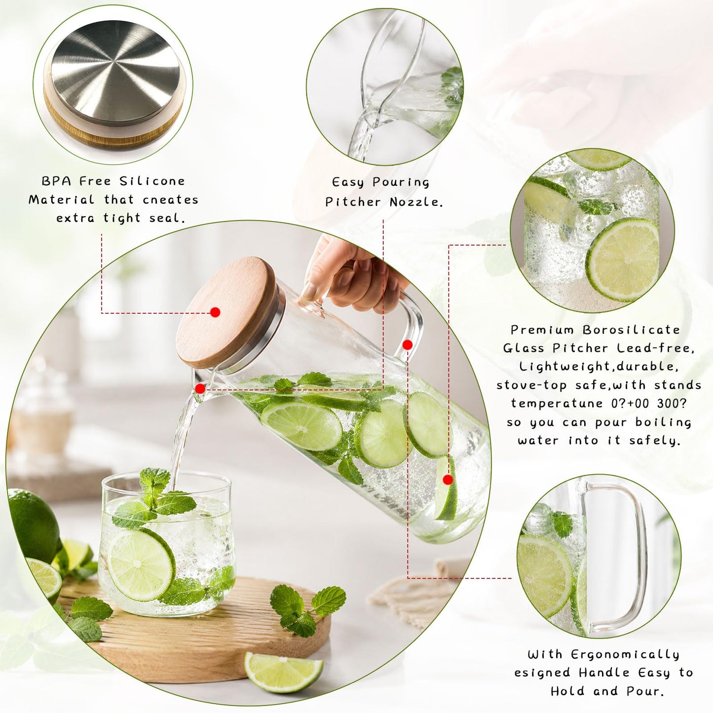 hjn Glass Pitcher with Lid Glass Water Carafe with Handle, Fridge Water Jug Cold or Hot Beverages, Iced Tea, Milk, Juice 1500ml/51oz &
