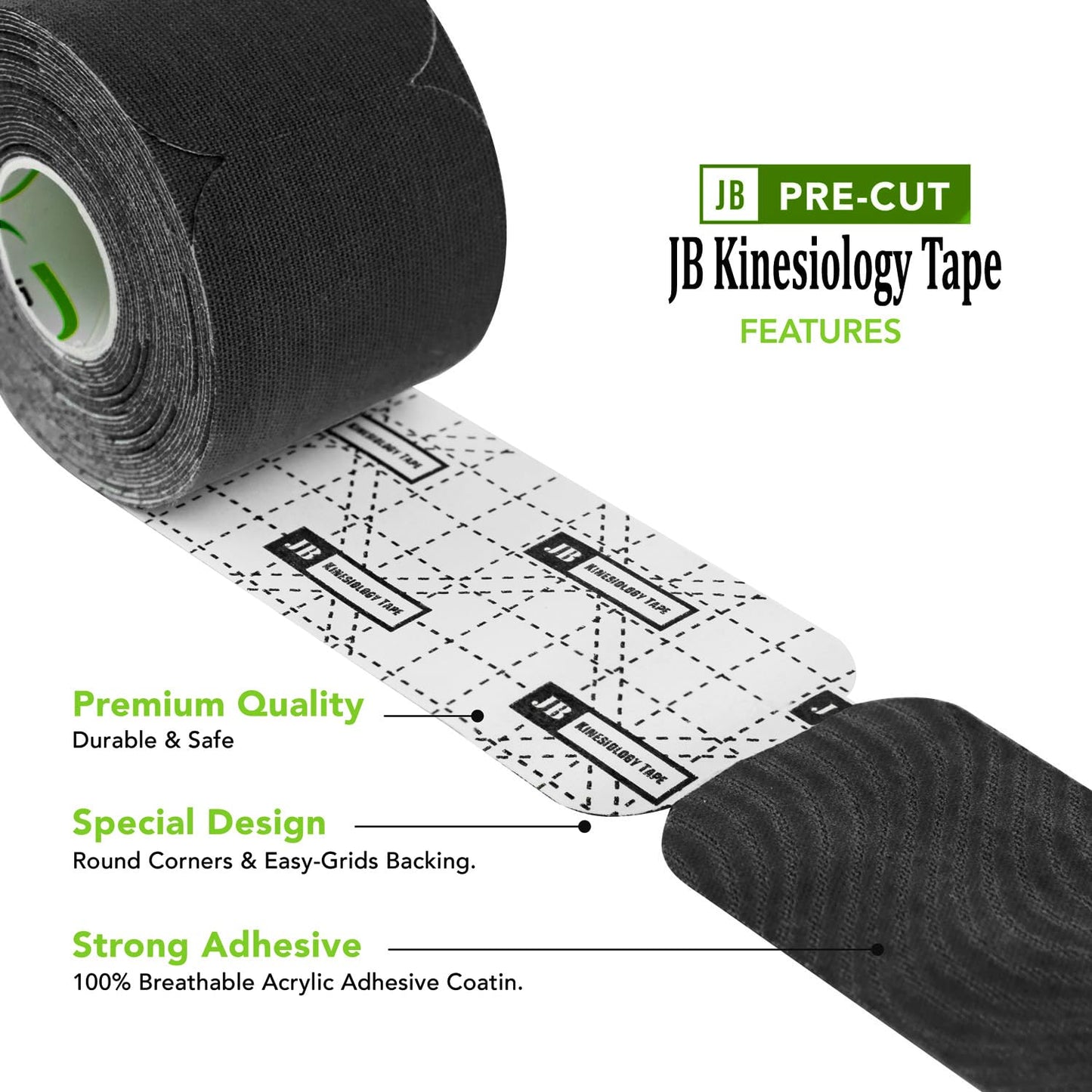 JB Tape Kinesiology Tape – 80 Precut 10-Inch Strips – Black – Elastic, Latex-Free, Water Resistant – Athletic Muscle & Joint Support – 4 Rolls