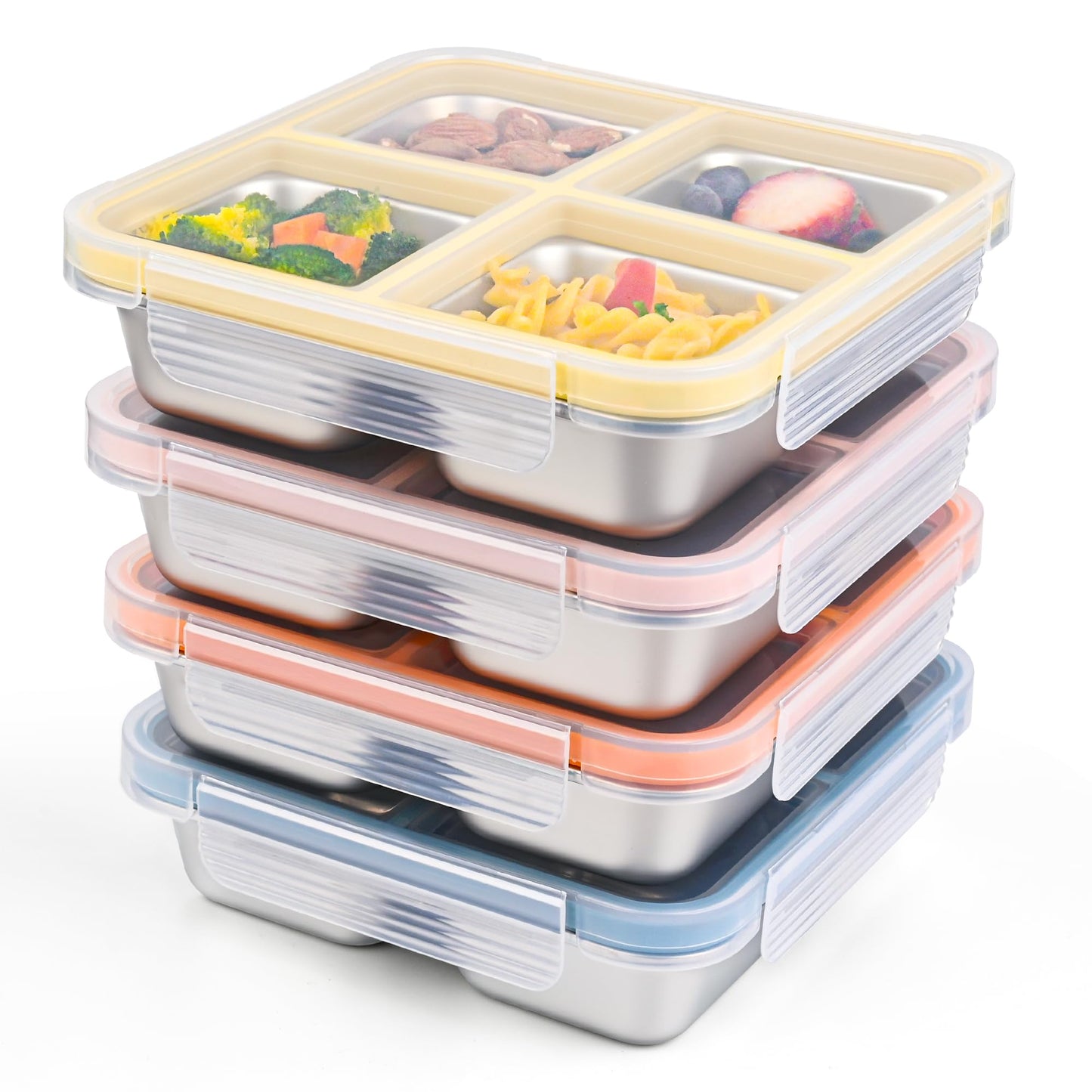 4 Pack Stainless Steel Snack Containers with Lids, Leakproof 4 Compartment Bento Lunch Boxes, Reusable Metal Meal Prep Food Storage Containers, Dishwasher Safe for Work, Travel, Picnic (4pack-A)