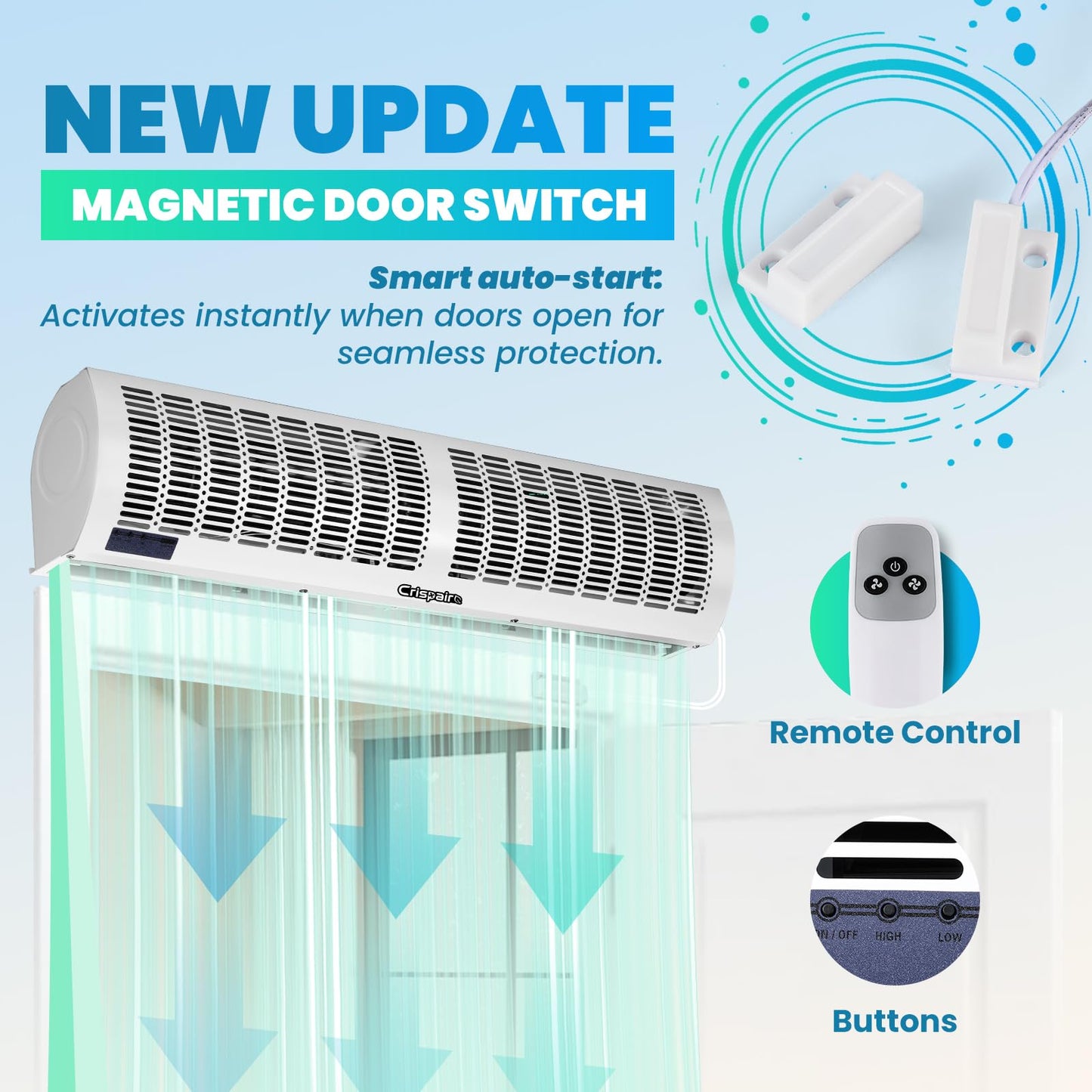 Crispaire 36-Inch White Air Curtain with Magnetic Door Switch 1527 CFM/2165 FPM Dual-Speed Adjustable Commercial Indoor Air Door Easy to Install Industrial Fan(Note: This is not an air conditioner)