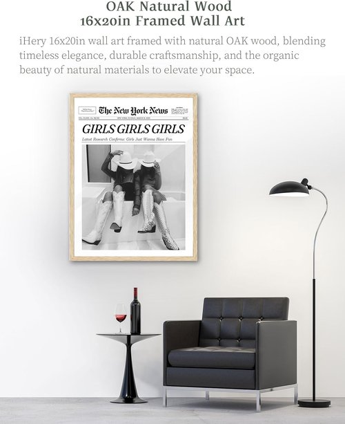 iHery Framed Cowgirl Wall Art - Trendy Black and White Canvas Decor | Large 16x20in Natural Oak for Bedroom & Living Room