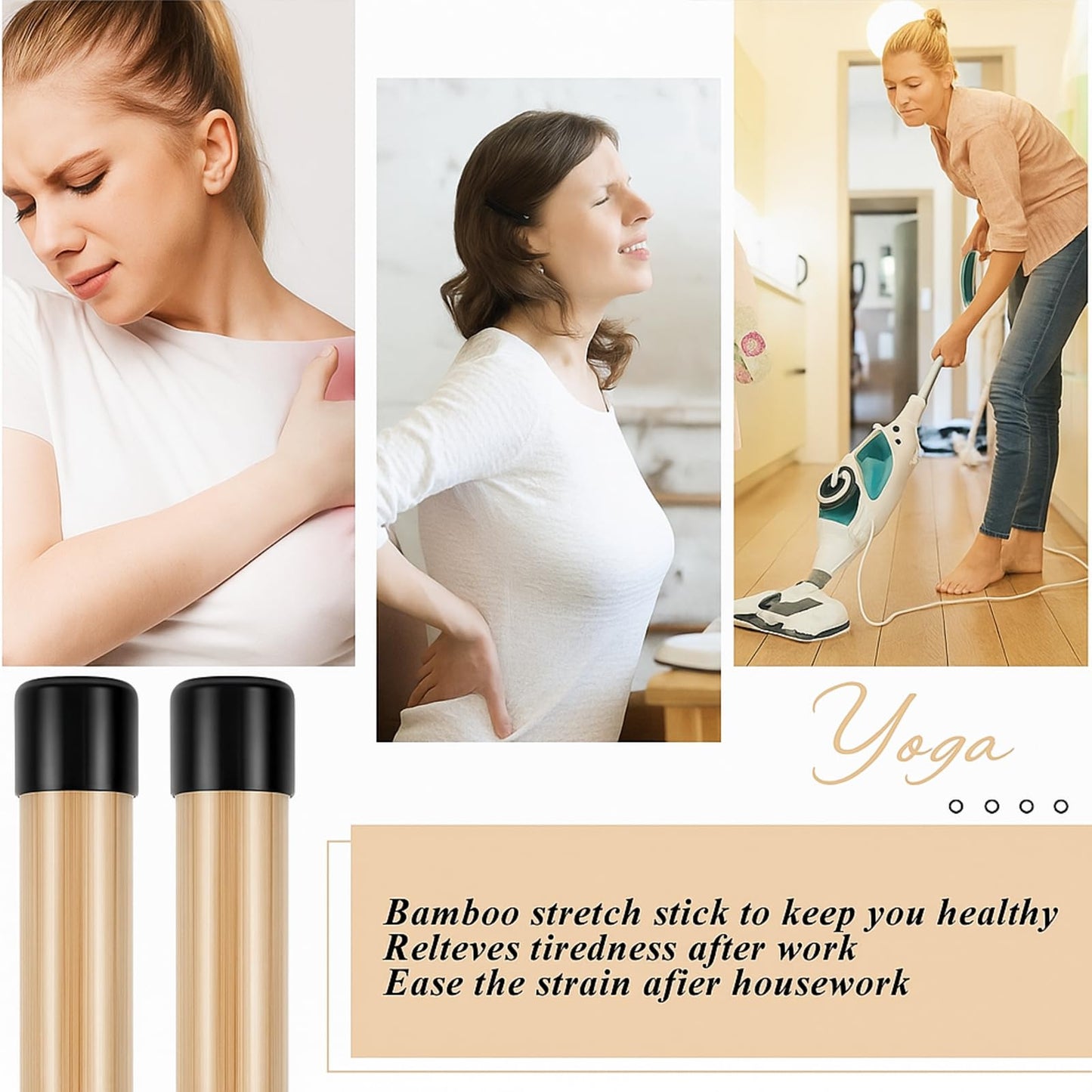 Hiboom 6/9 Pcs 5ft Yoga Stick Natural Bamboo Black Exercise Stick with Non-Slip Rubber Ends Stretching Tool Posture Corrector Stretch Tool for Flexibility, Workout, Balance Fitness(6 Pcs,Bamboo)
