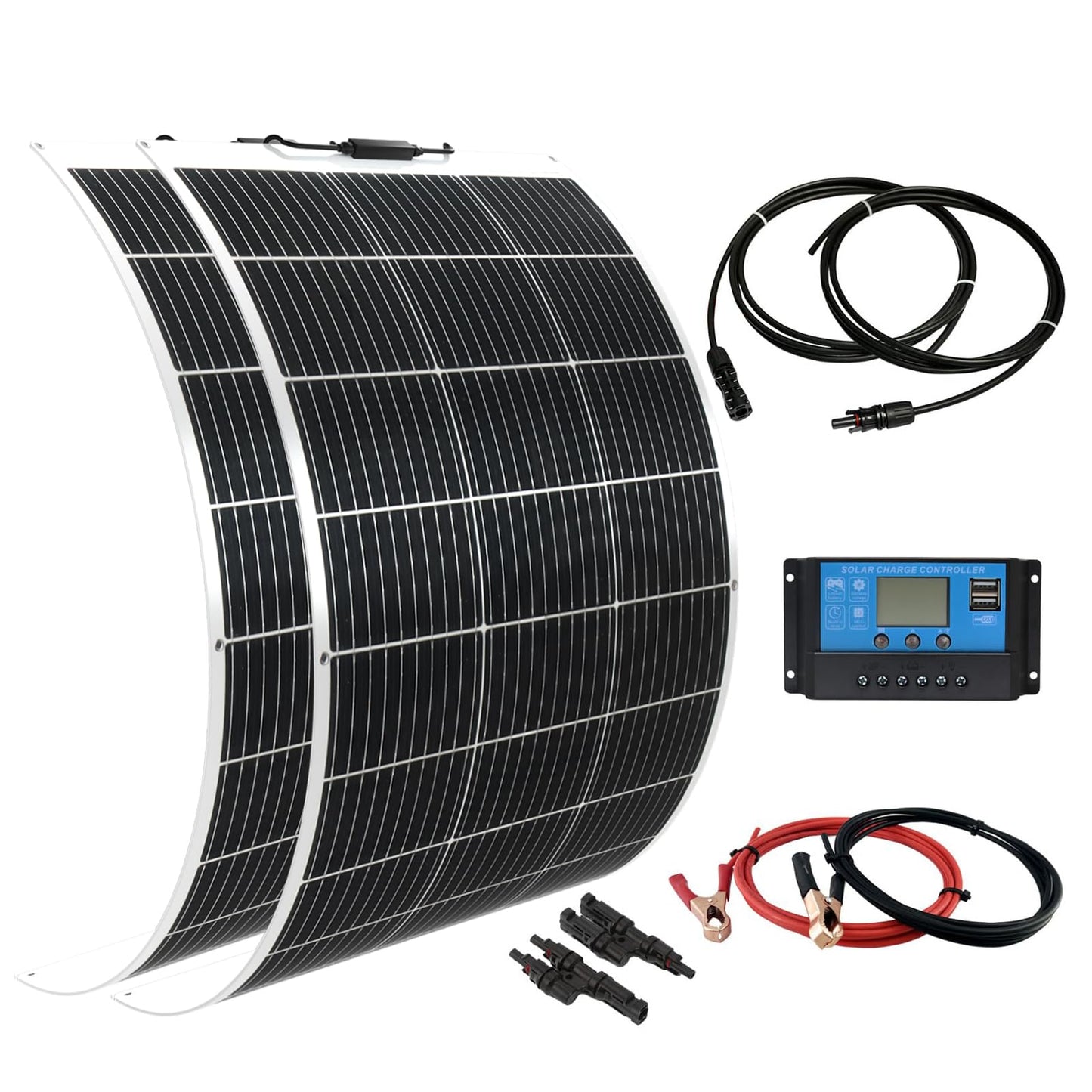Flexible Solar Panel kit 200W 12V,2PCS 100W Monocrystalline Module,20A Charge Controller,Extension Cable Off-Grid Charger for RV Boat Van Car Curve Surfaces (White)